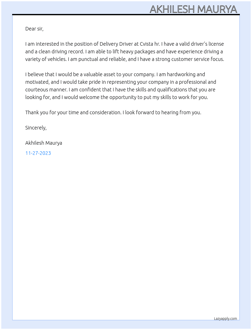 Delivery Driver At Cvista hr Cover Letter