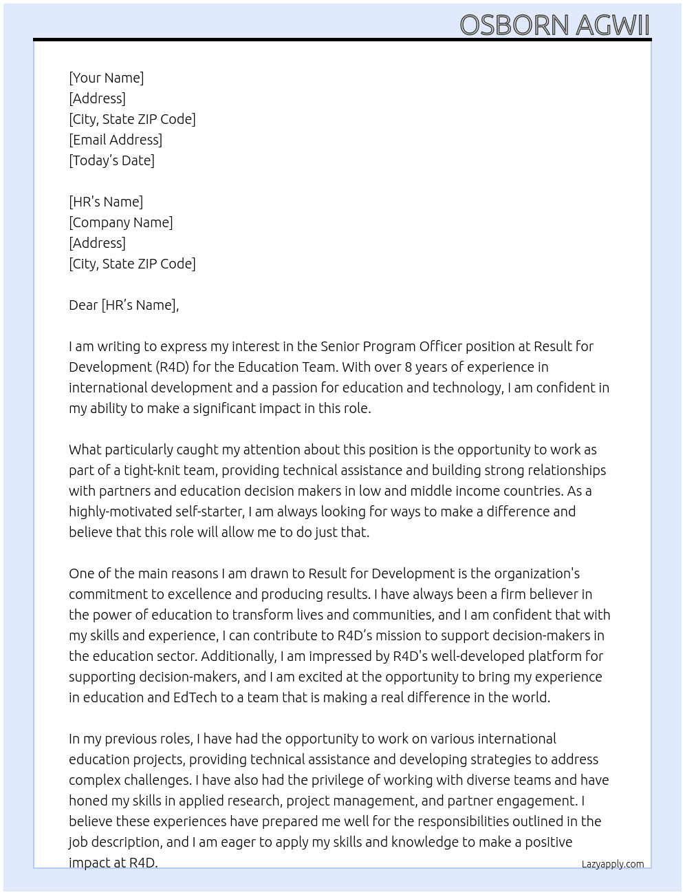 Senior Program Officer At Result for Development  Cover Letter