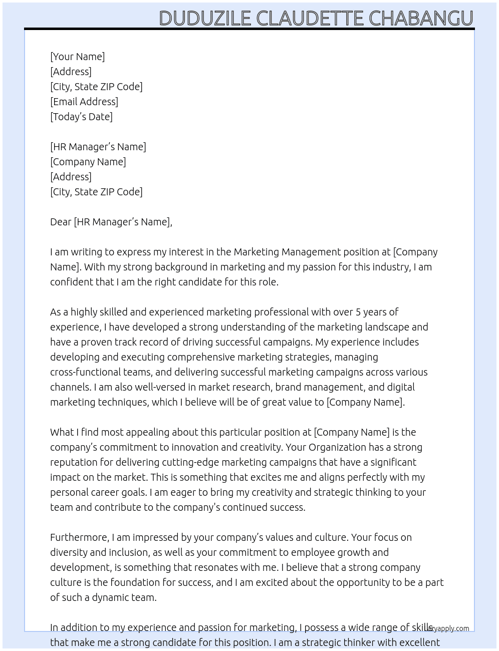 Marketing Management At your Organization Cover Letter