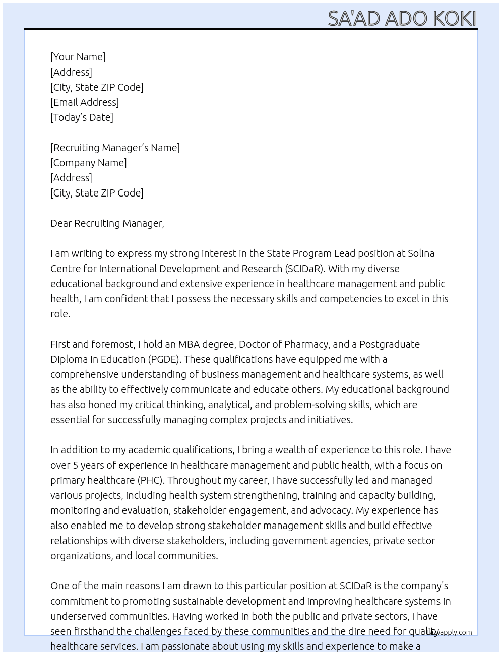 State Program Lead At Solina Centre for International Development and Research (SCIDaR) Cover Letter