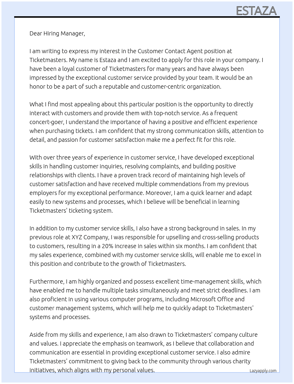Customer Contact Agent At Ticketmasters Cover Letter