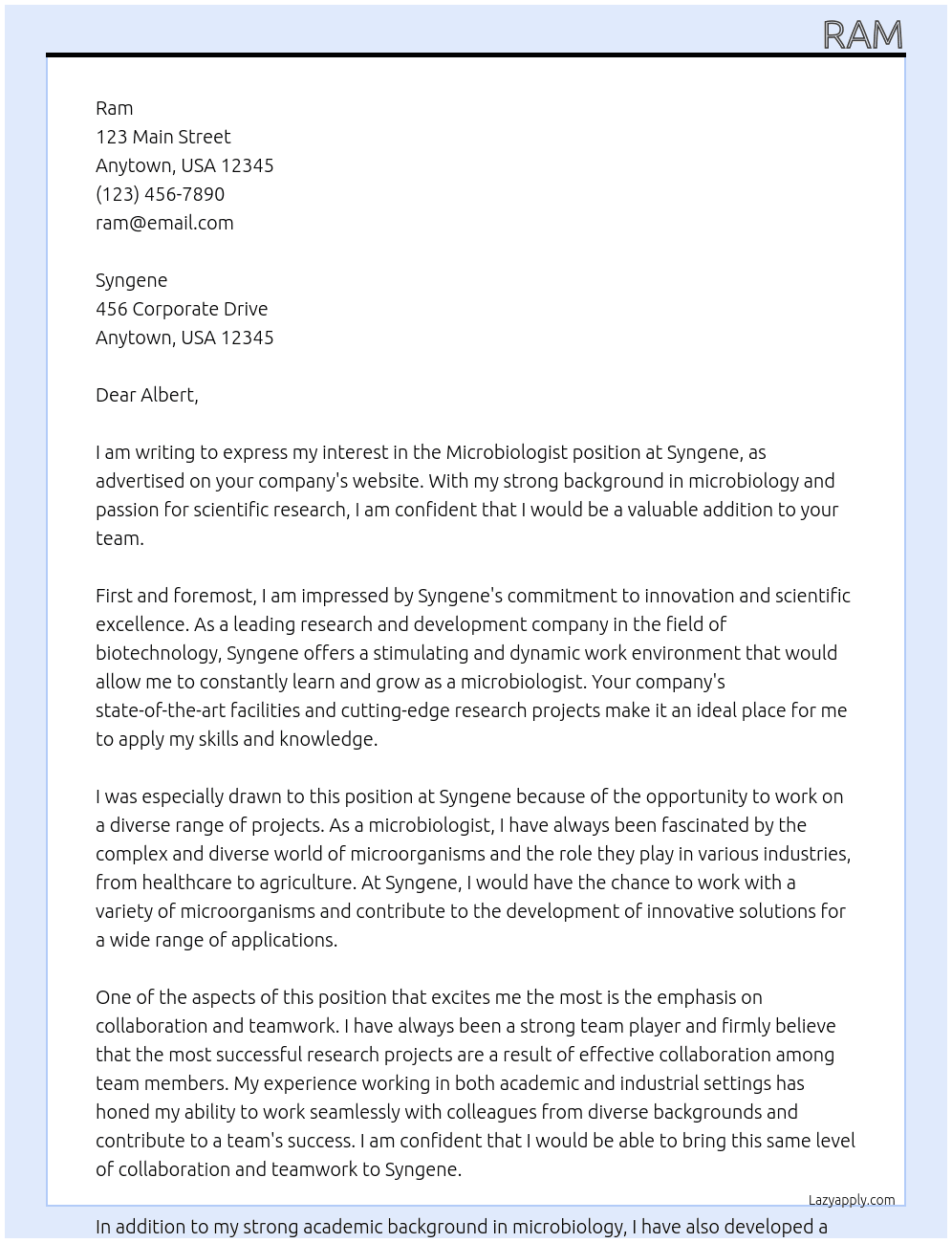 Microbiologist  At Syngene Cover Letter