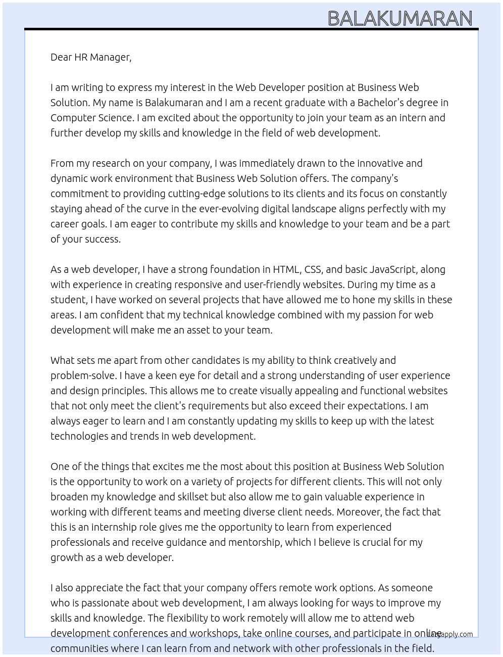 Web developer  At Business web solution  Cover Letter