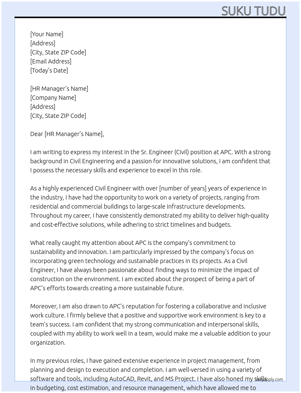 Sr. Engineer(Civil) At APC  Cover Letter