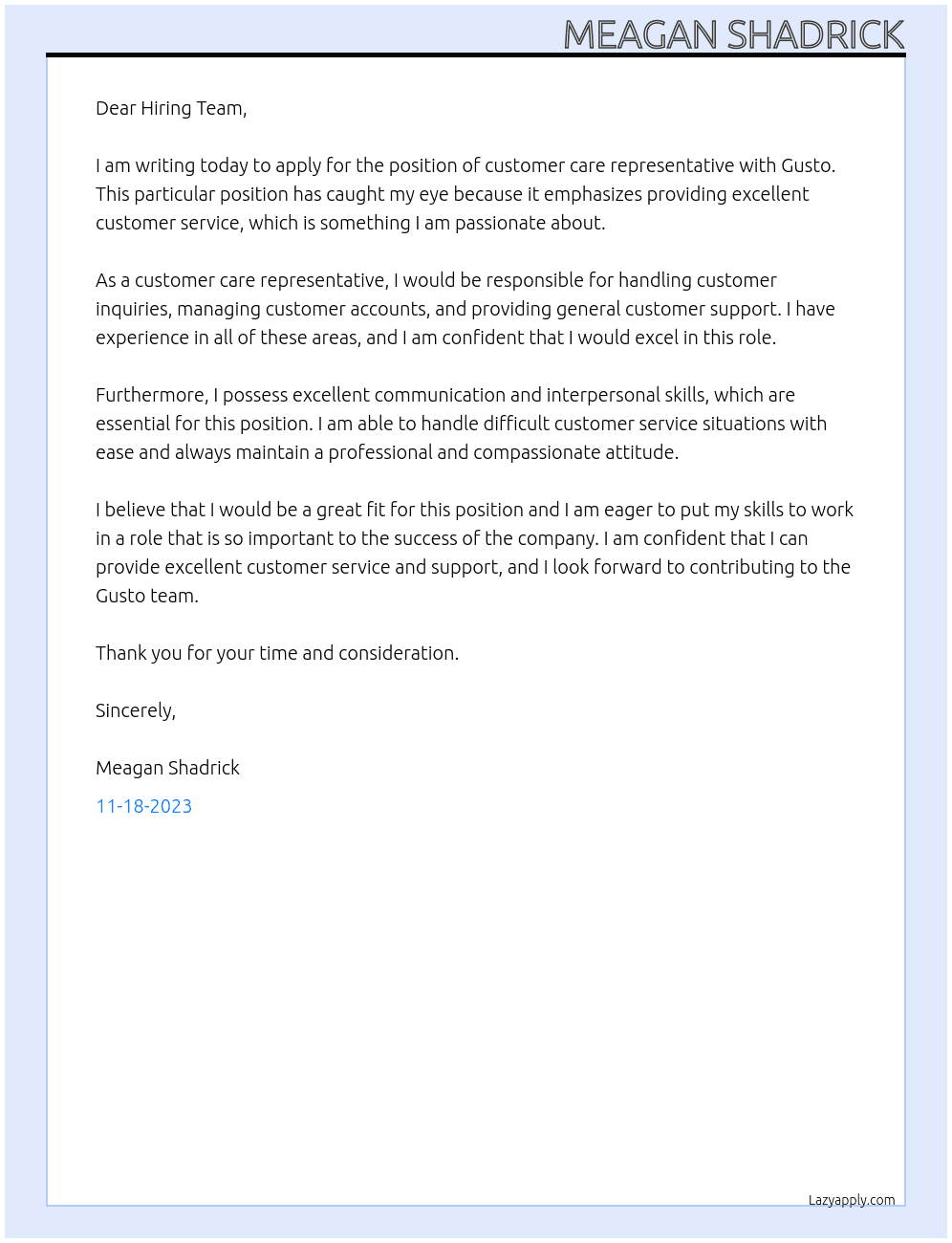 Customer care representative  At Gusto Cover Letter