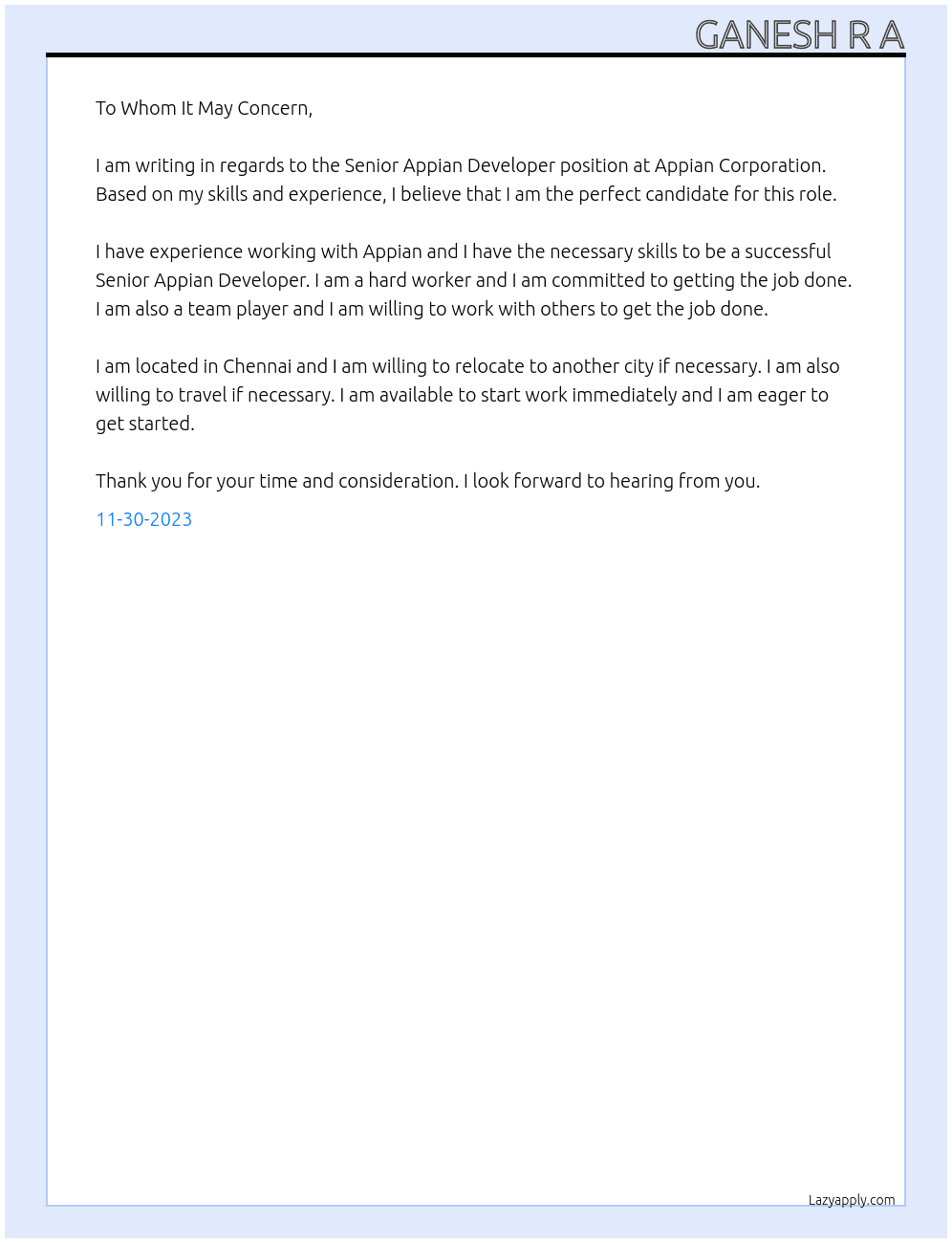 Senior Appian Developer At Appian Corporation Cover Letter