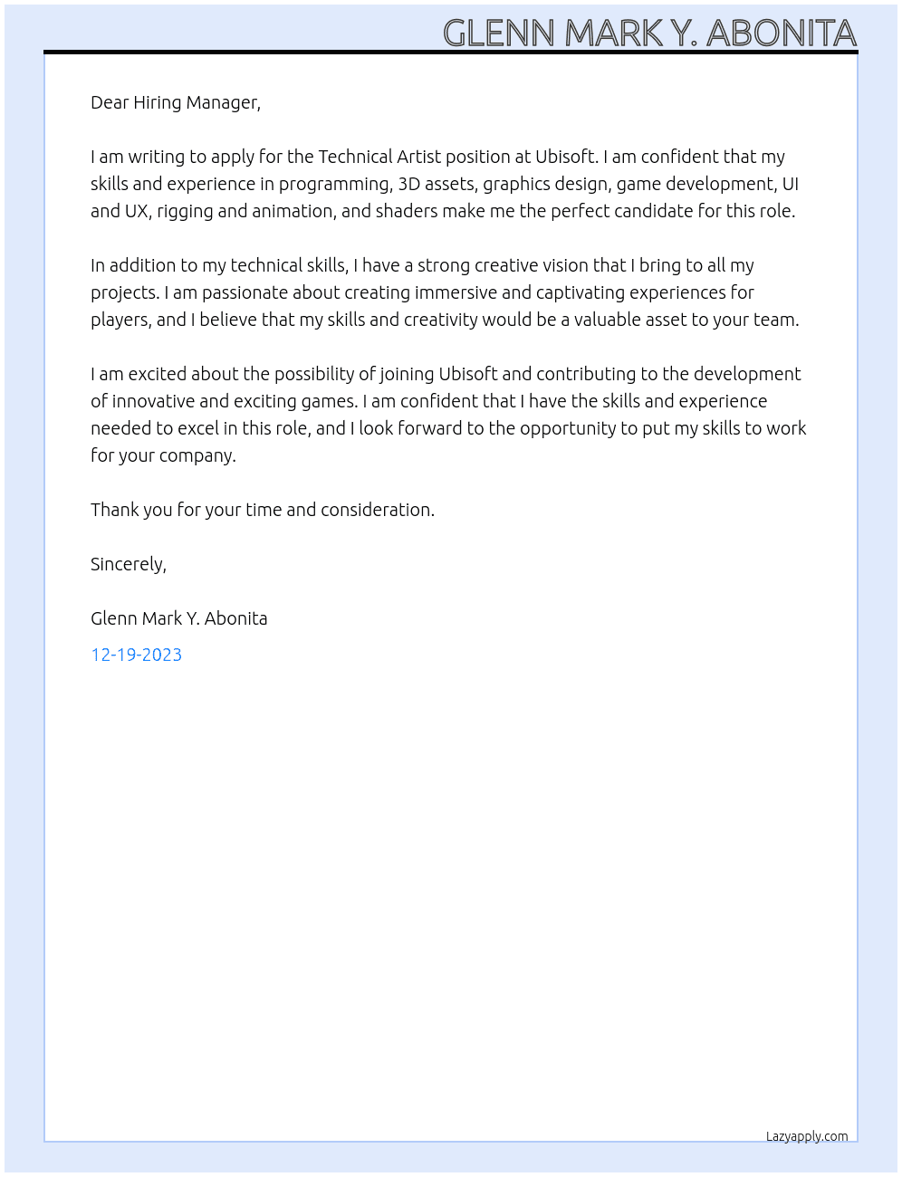 Technical Artist At Ubisoft Cover Letter
