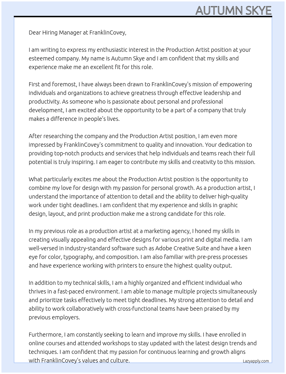 Production Artist At FranklinCovey Cover Letter