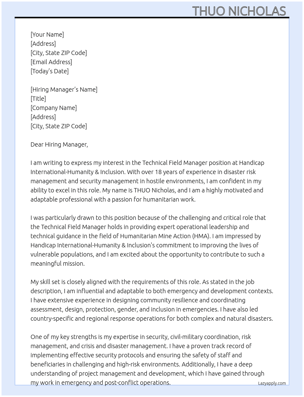 Technical Field Manager At Handicap International-Humanity & Inclusion Cover Letter