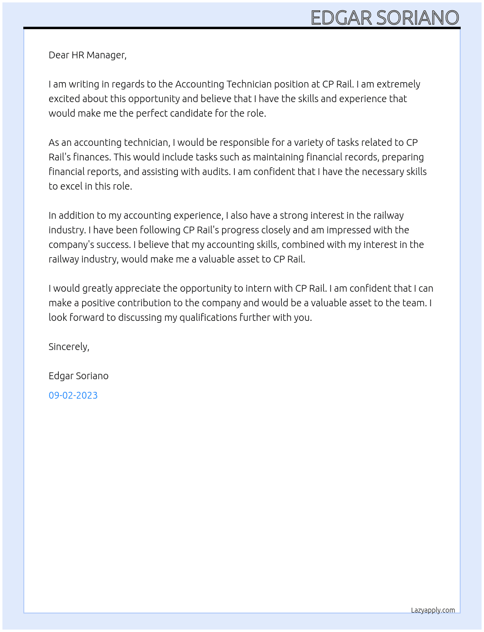 Accounting Technician At CP Rail Cover Letter