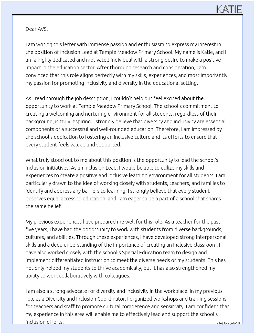 Inclusion Lead At Temple Meadow Primary School Cover Letter
