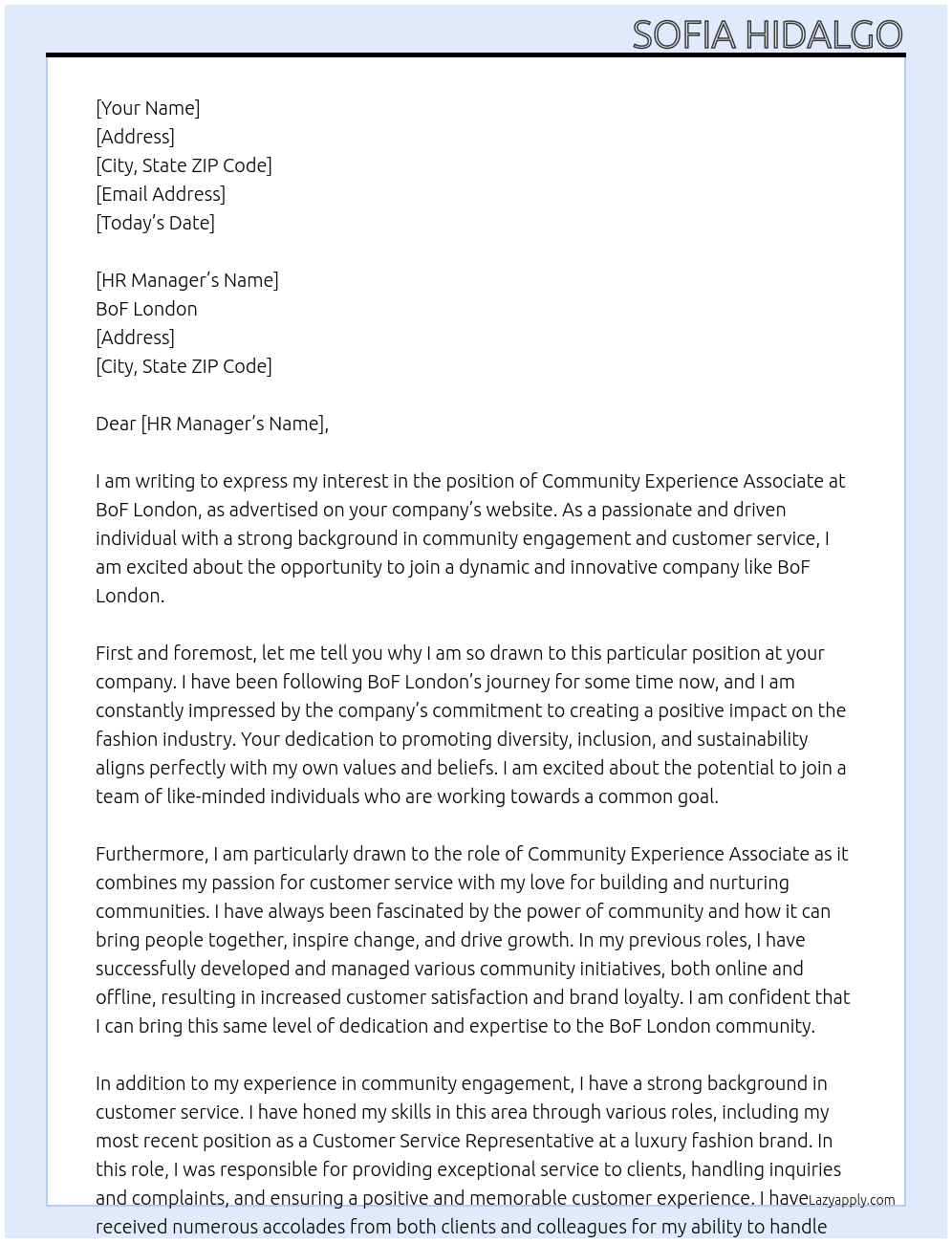 Community Experience Associate At BoF London Cover Letter