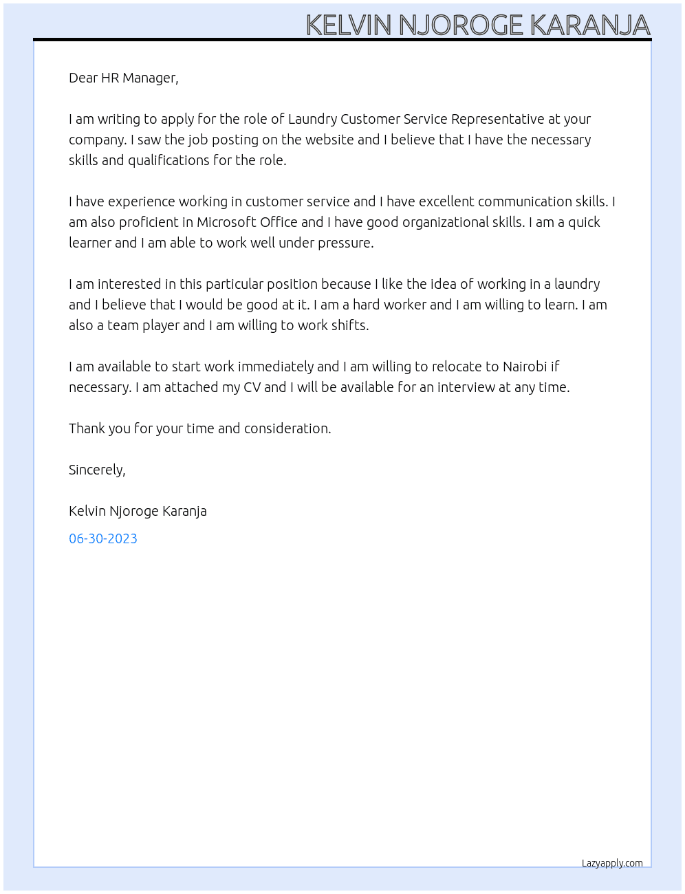 laundry customer service representative  At Laundry Cover Letter