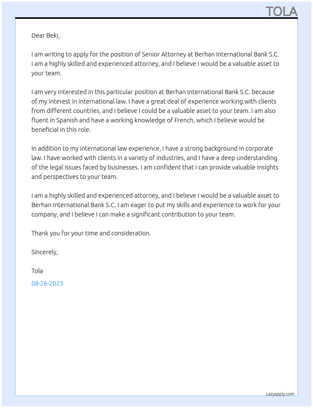 Senior attorney  At Berhan International Bank S C Cover Letter