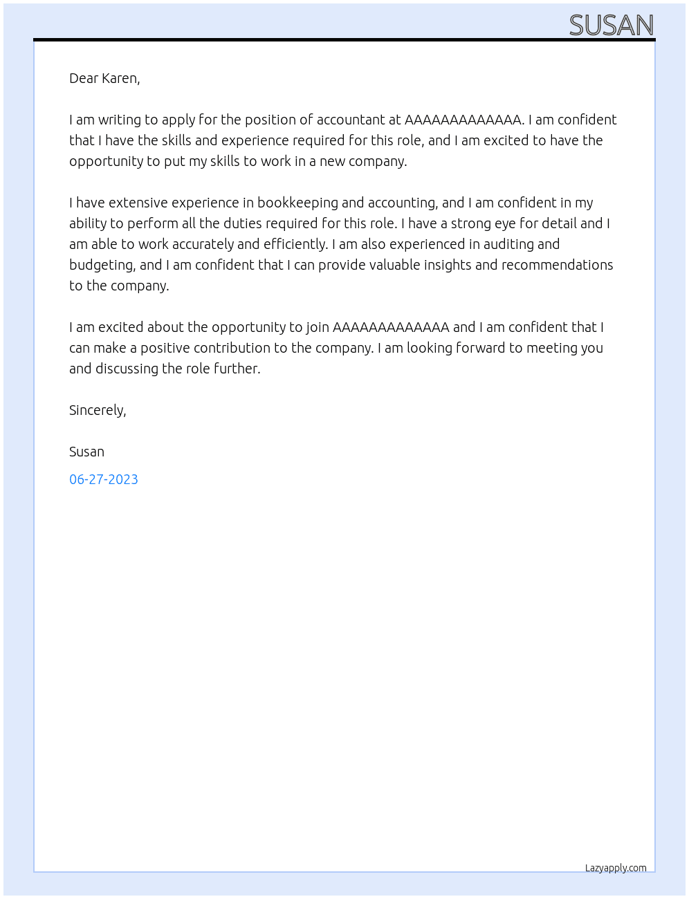 Accountant At AAAAAAAAAAAAA Cover Letter