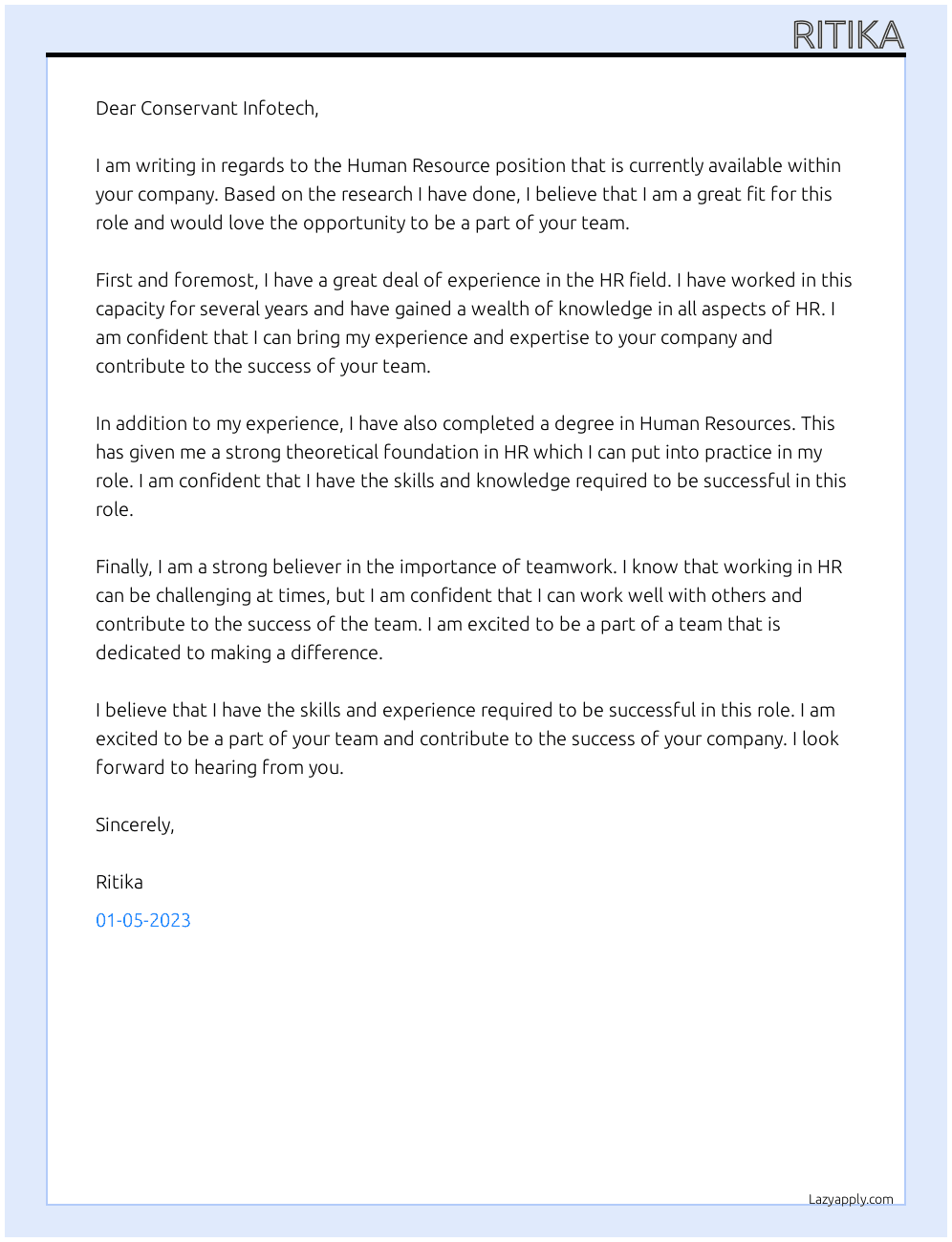 Human Resource At Conservant Infotech Cover Letter
