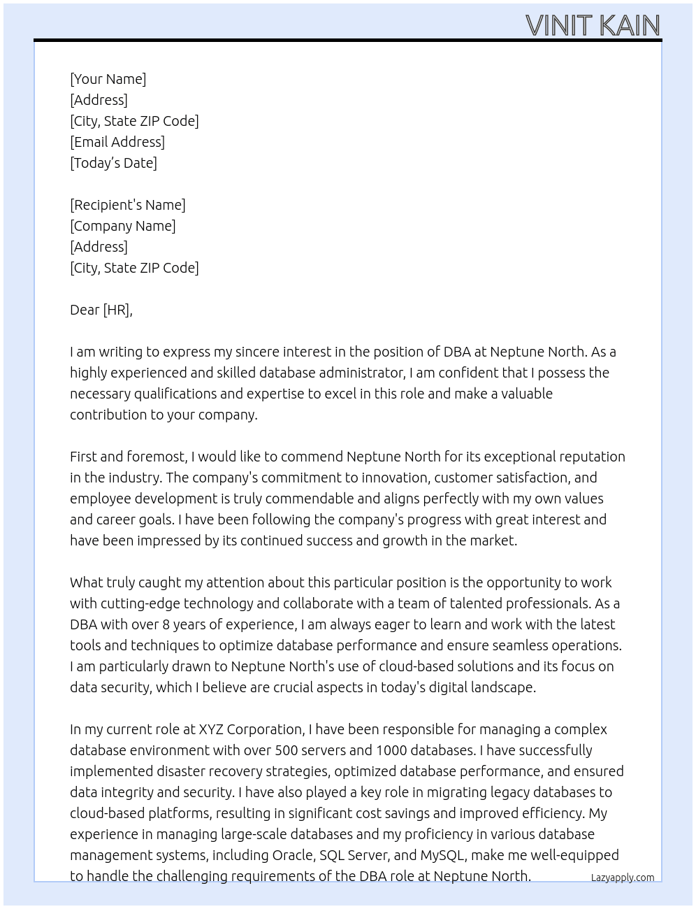 DBA At Neptune North Cover Letter