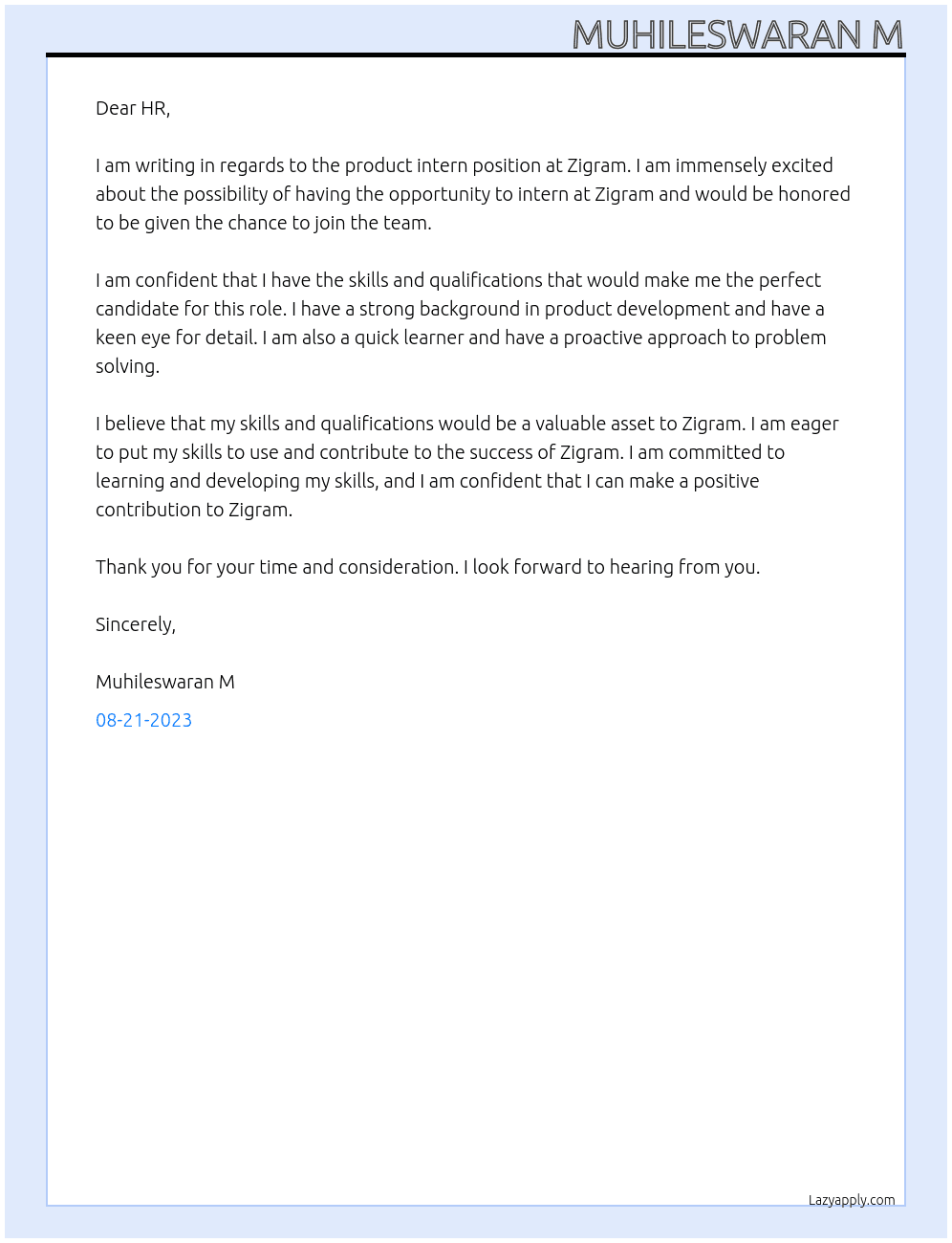 product intern At Zigram Cover Letter