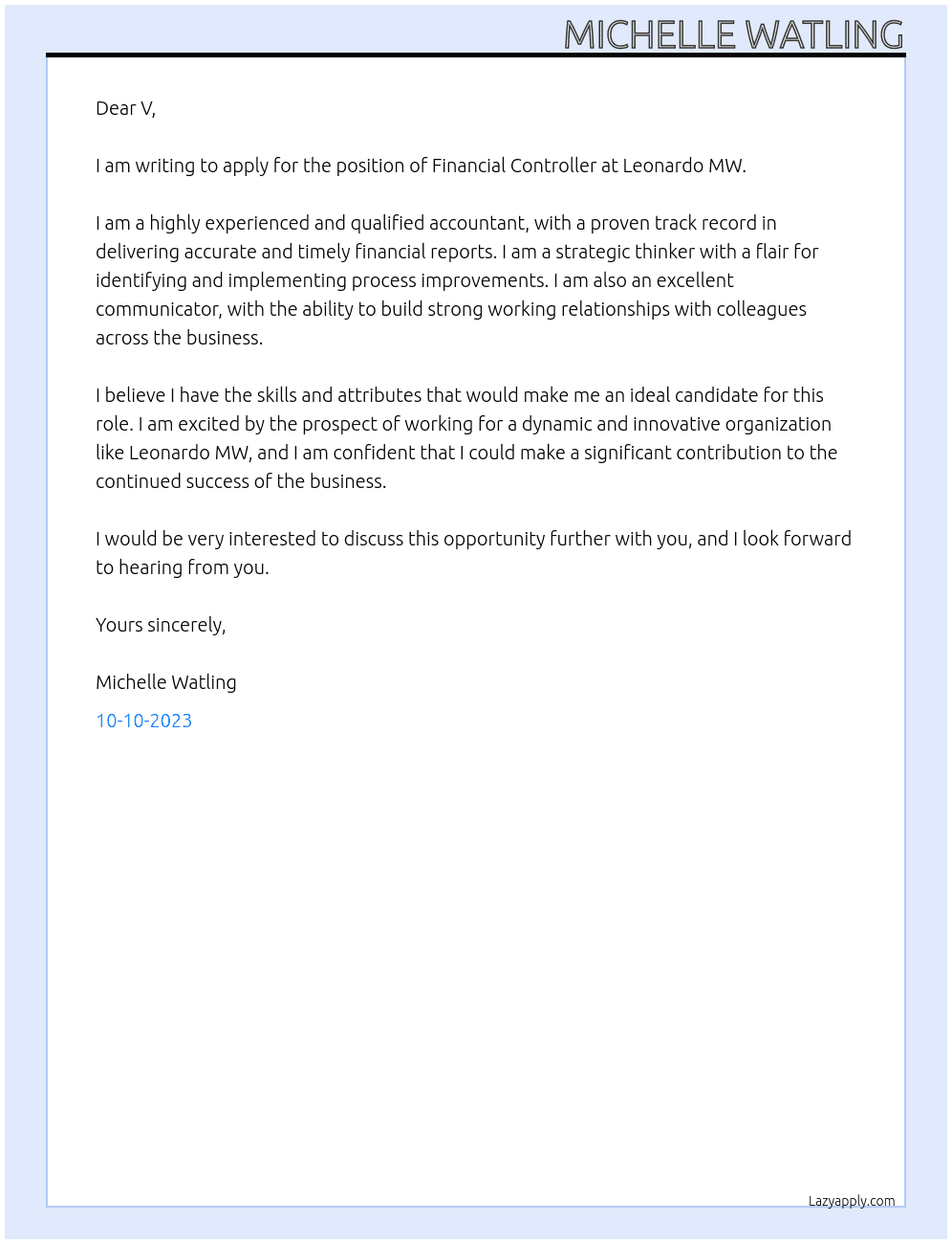 Financial Controller At Leonardo MW Cover Letter