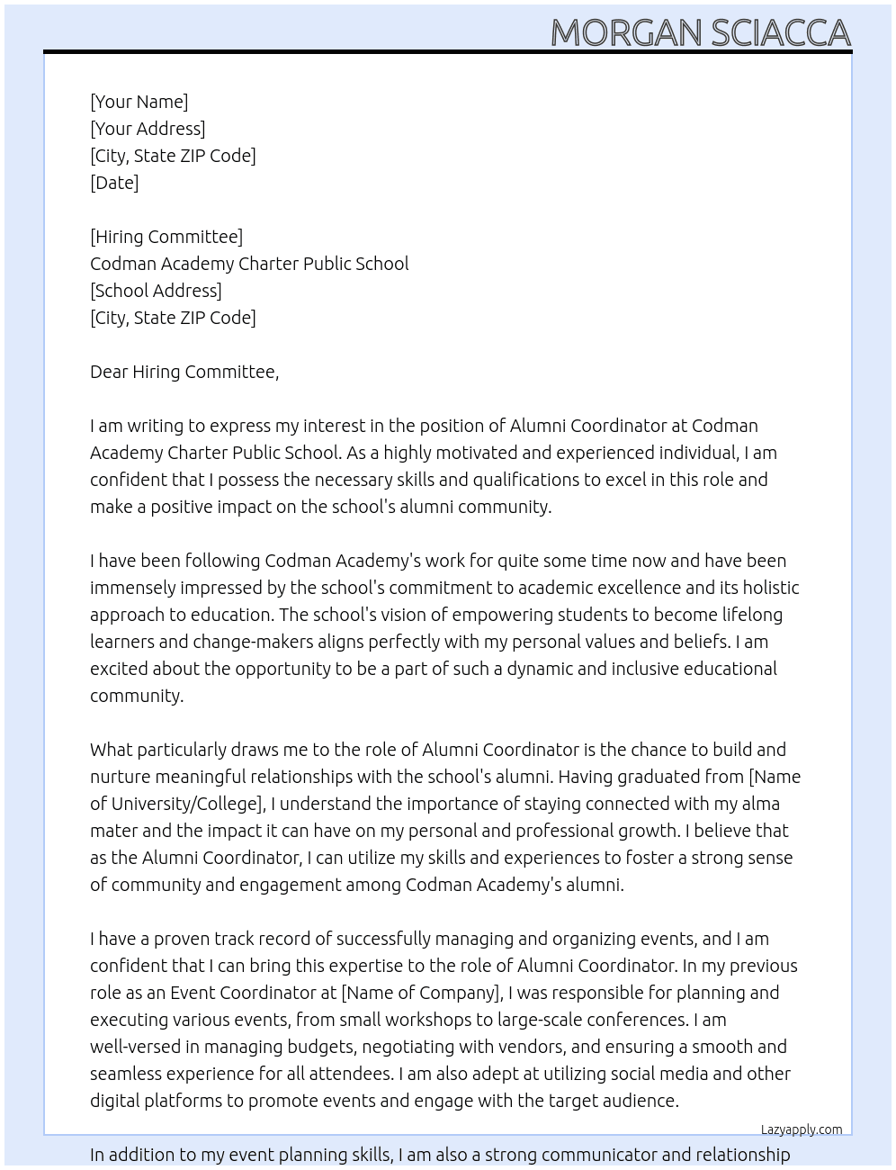 Alumni Coordinator At Codman Academy Charter Public School Cover Letter