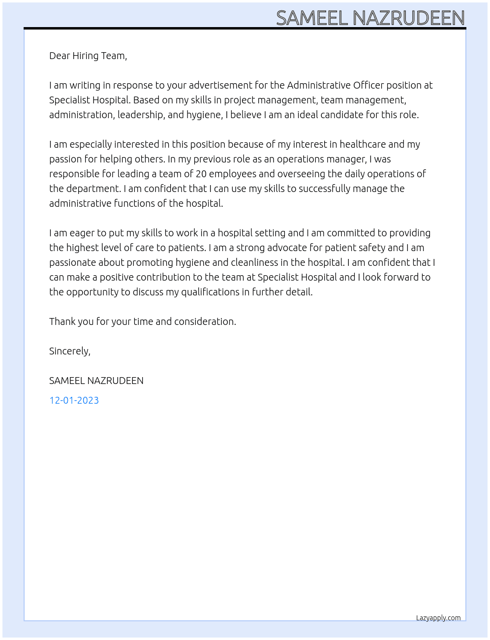 Administrative officer  At Specialist Hospital  Cover Letter