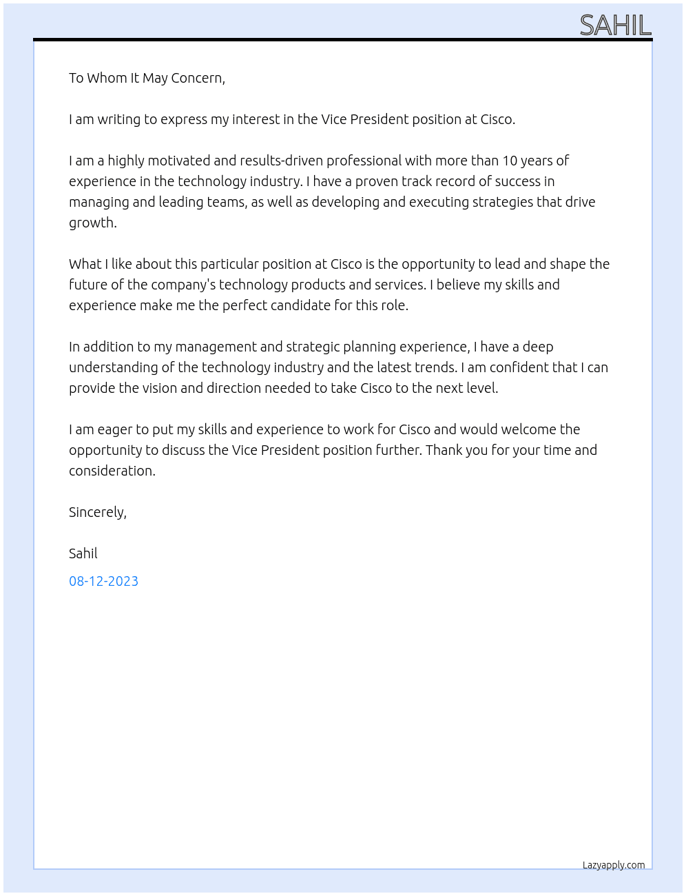 vice president At cisco Cover Letter