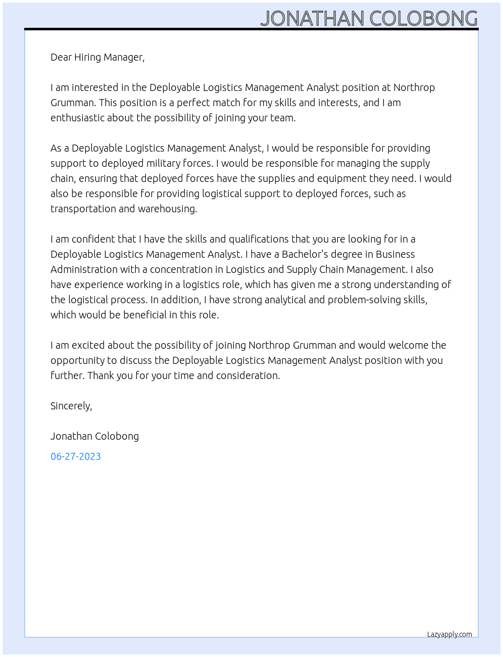 Deployable Logistics Management Analyst At Northrop Grumman Cover Letter