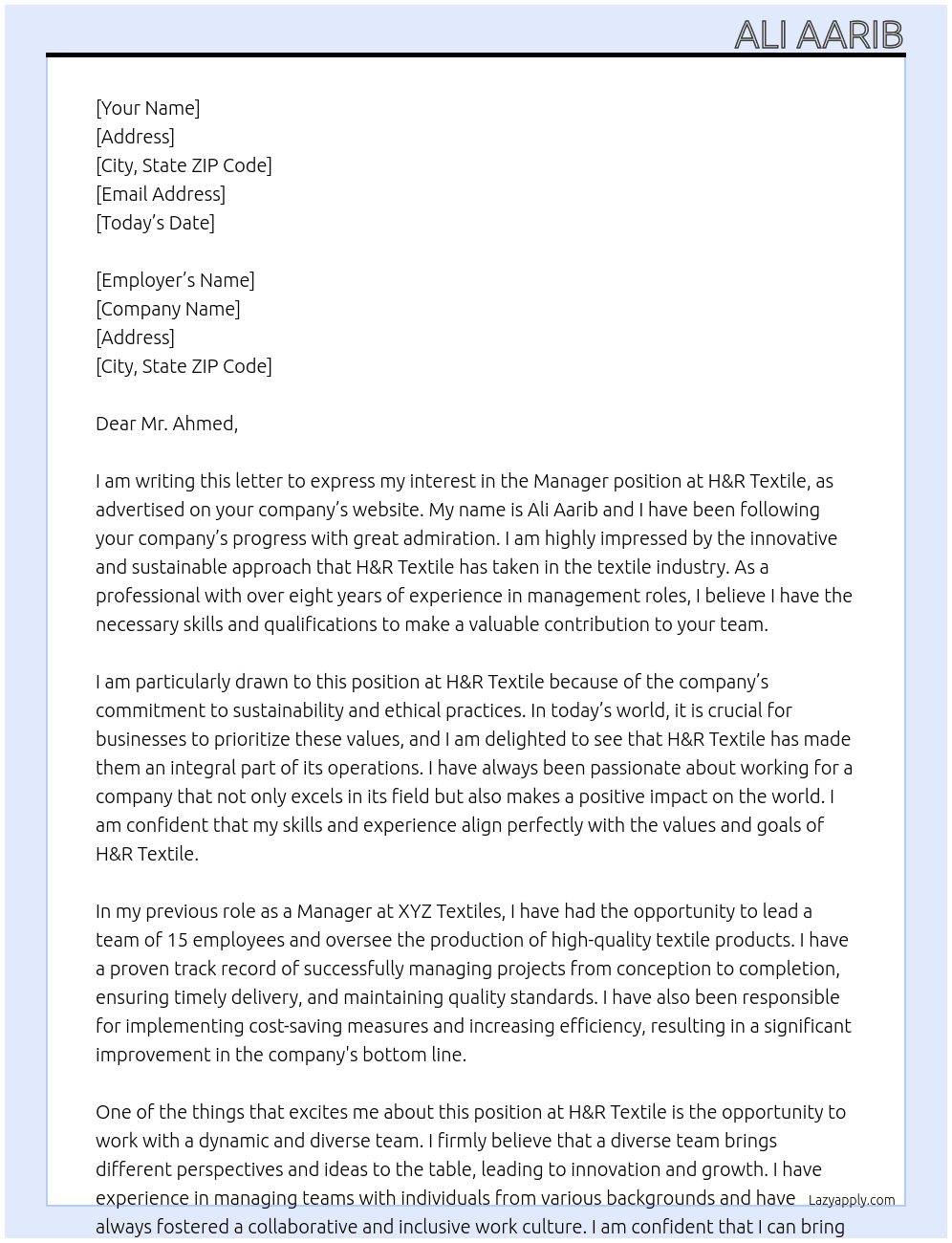 Manager At H&R Textile Cover Letter