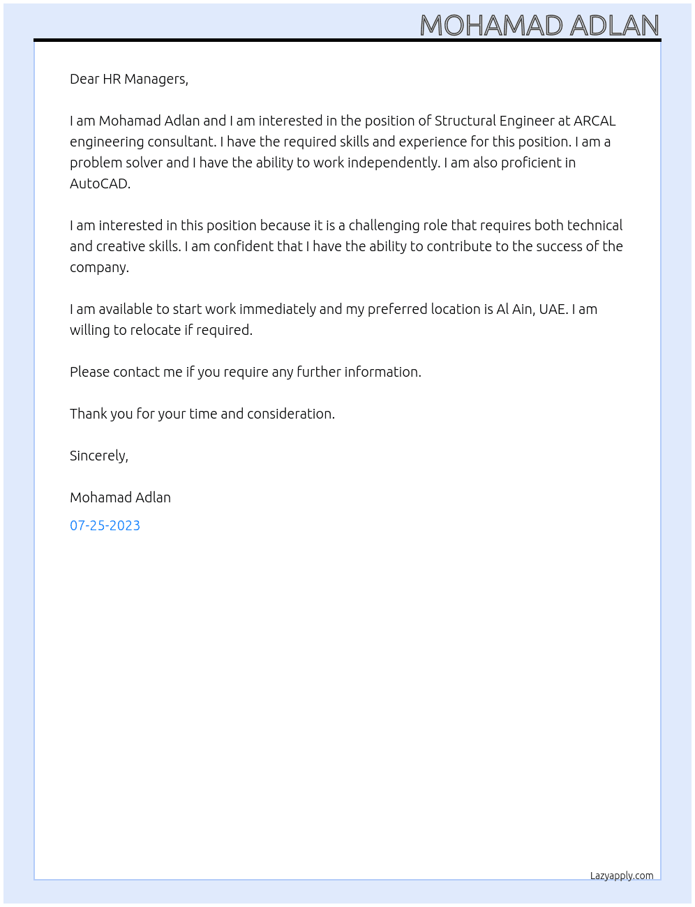 Structural Engineering  At ARCAL engineering consultant Cover Letter