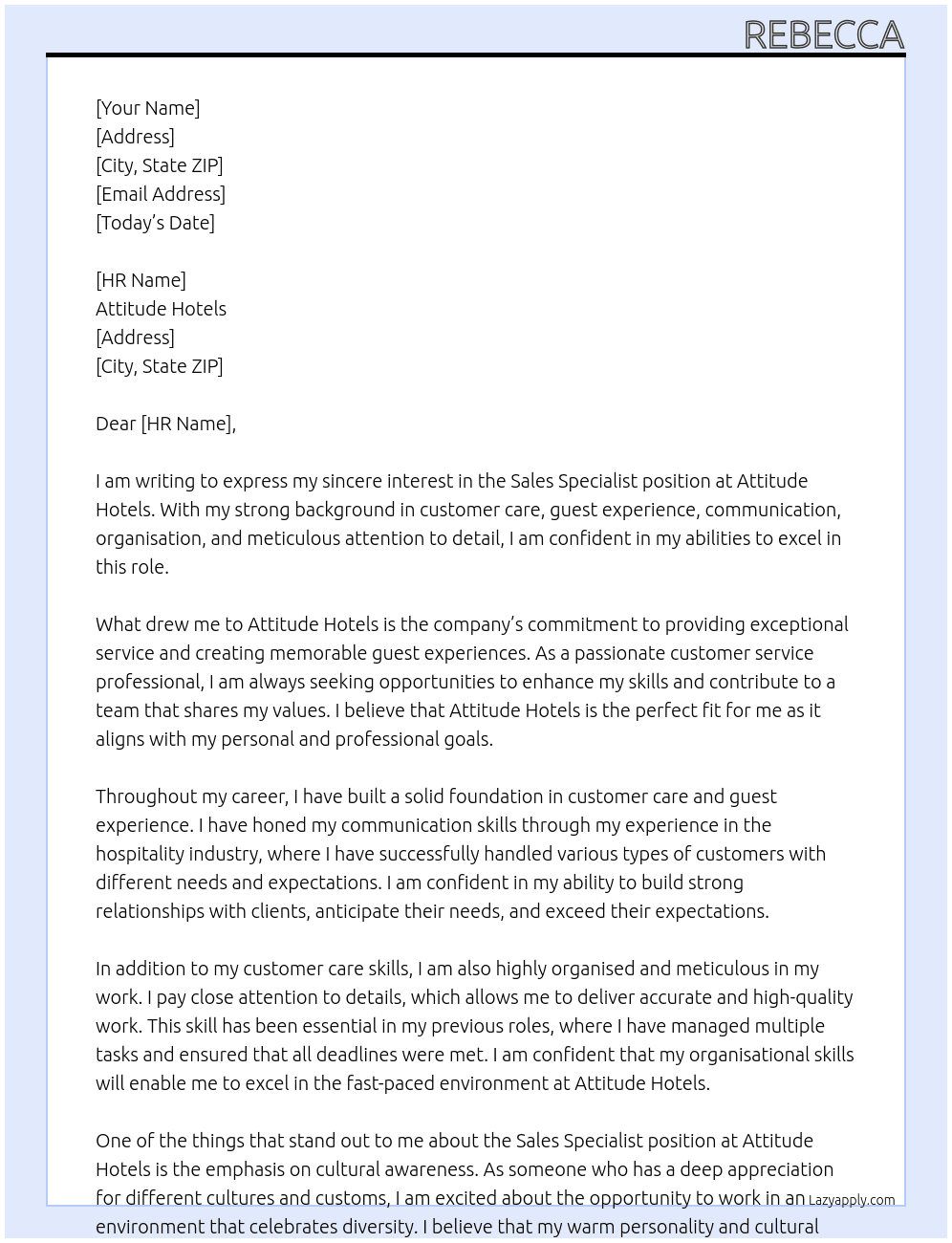 Sales Specialist At Attitude Hotels Cover Letter