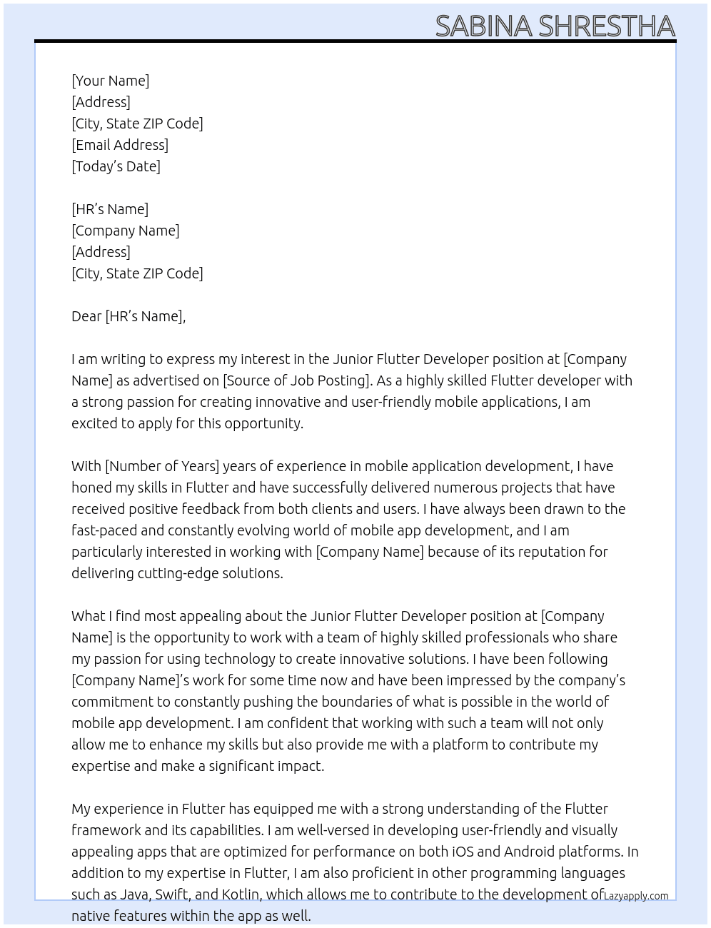 Junior Flutter Developer At web Cover Letter