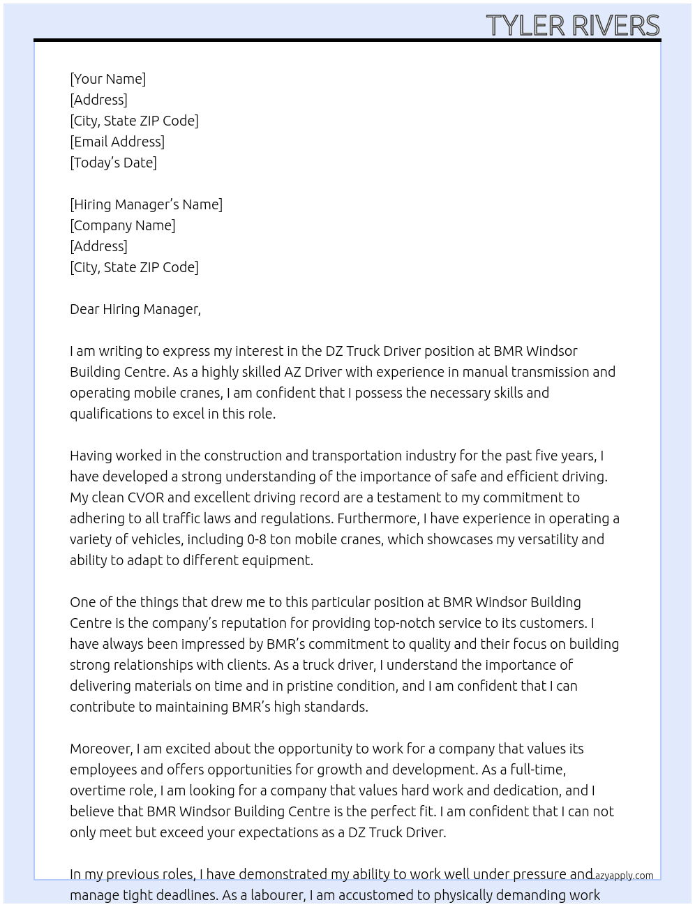 DZ Truck Driver At BMR Windsor Building Centre Cover Letter