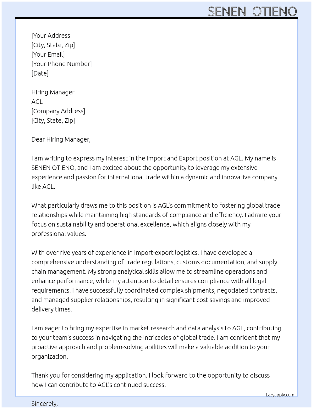 import and export  At AGL Cover Letter