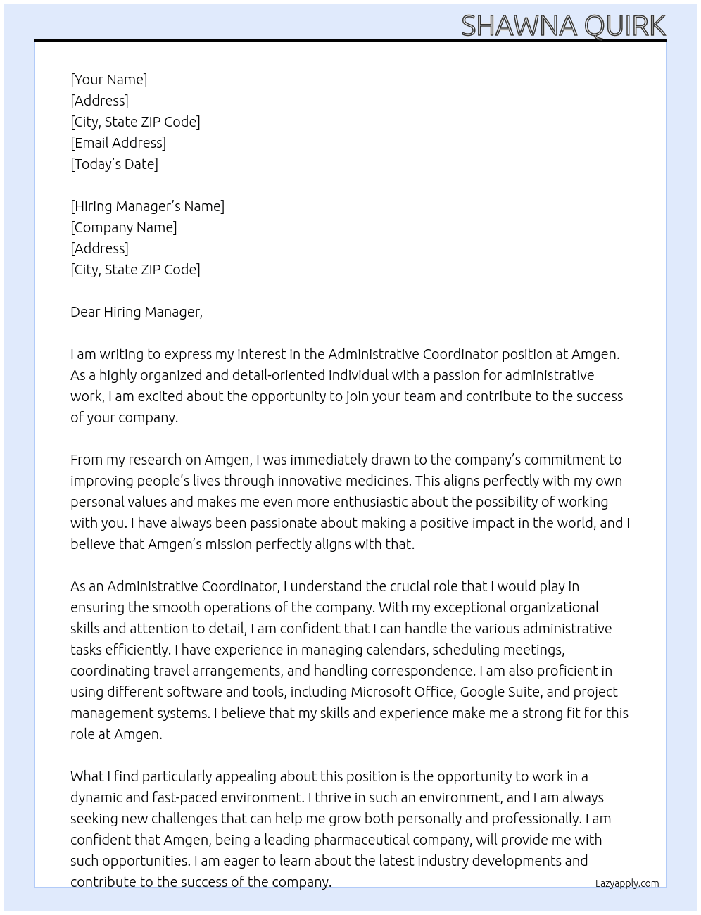 Administrative Coordinator At Amgen Cover Letter