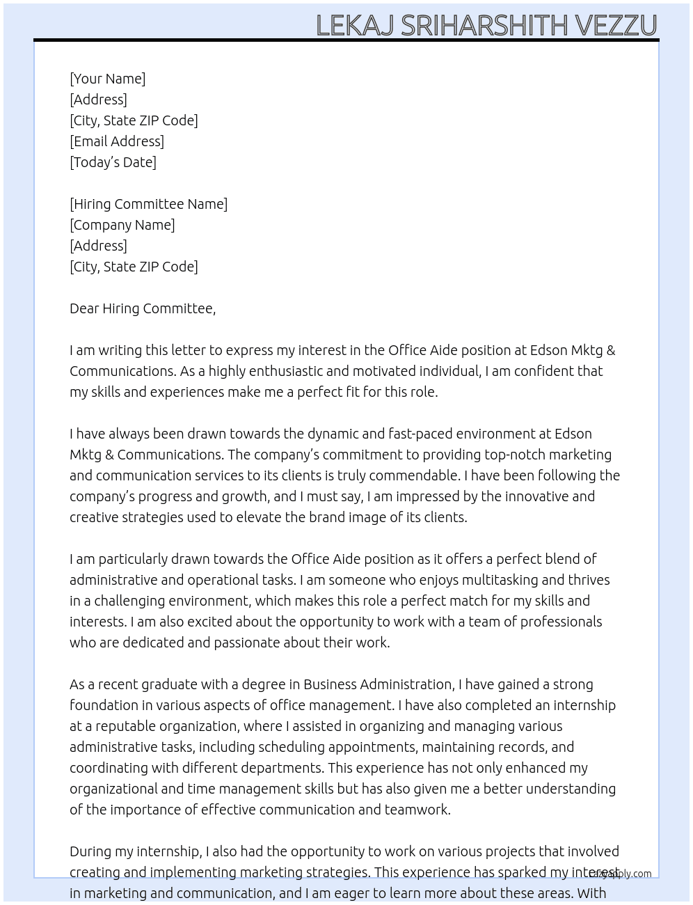 Office Aide At Edson Mktg & Communications Cover Letter