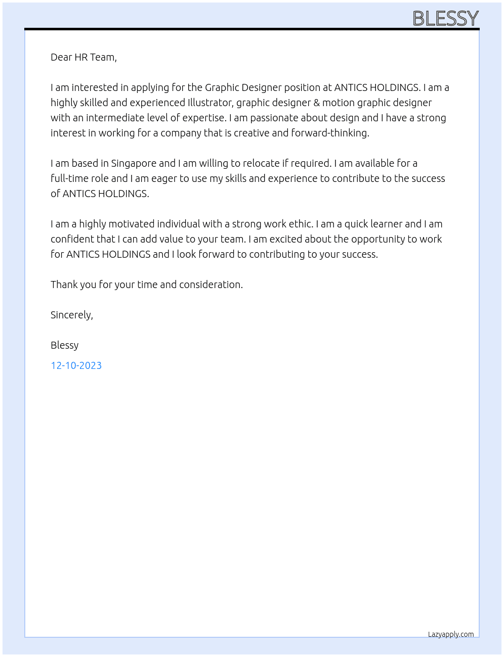Graphic Designer At ANTICS HOLDINGS Cover Letter
