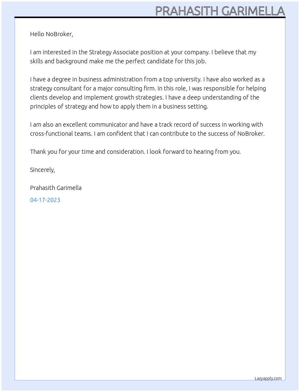Strategy Associate At NoBroker Cover Letter