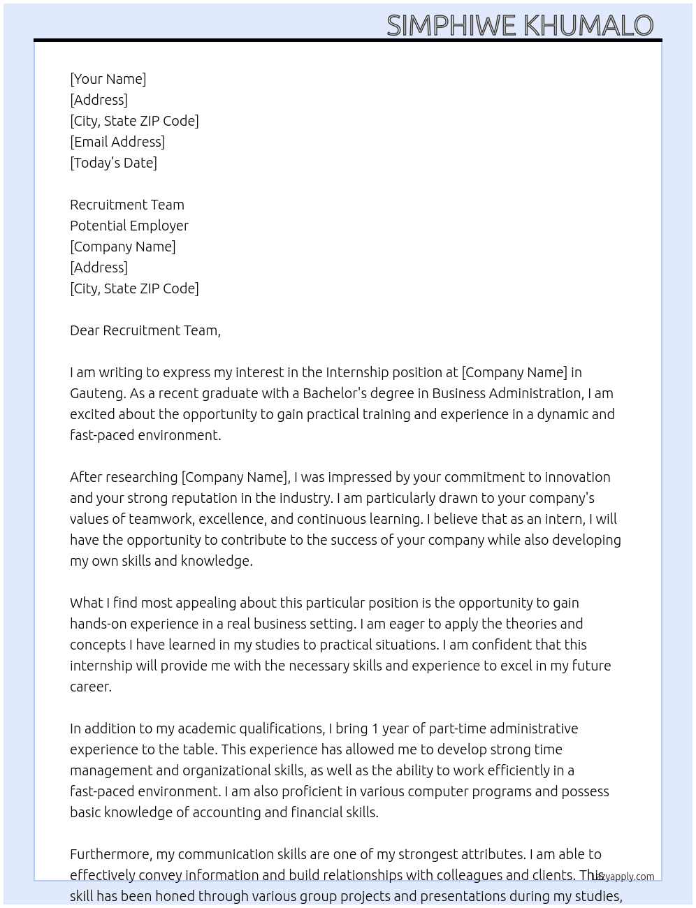 Internship  At Potential Employer  Cover Letter