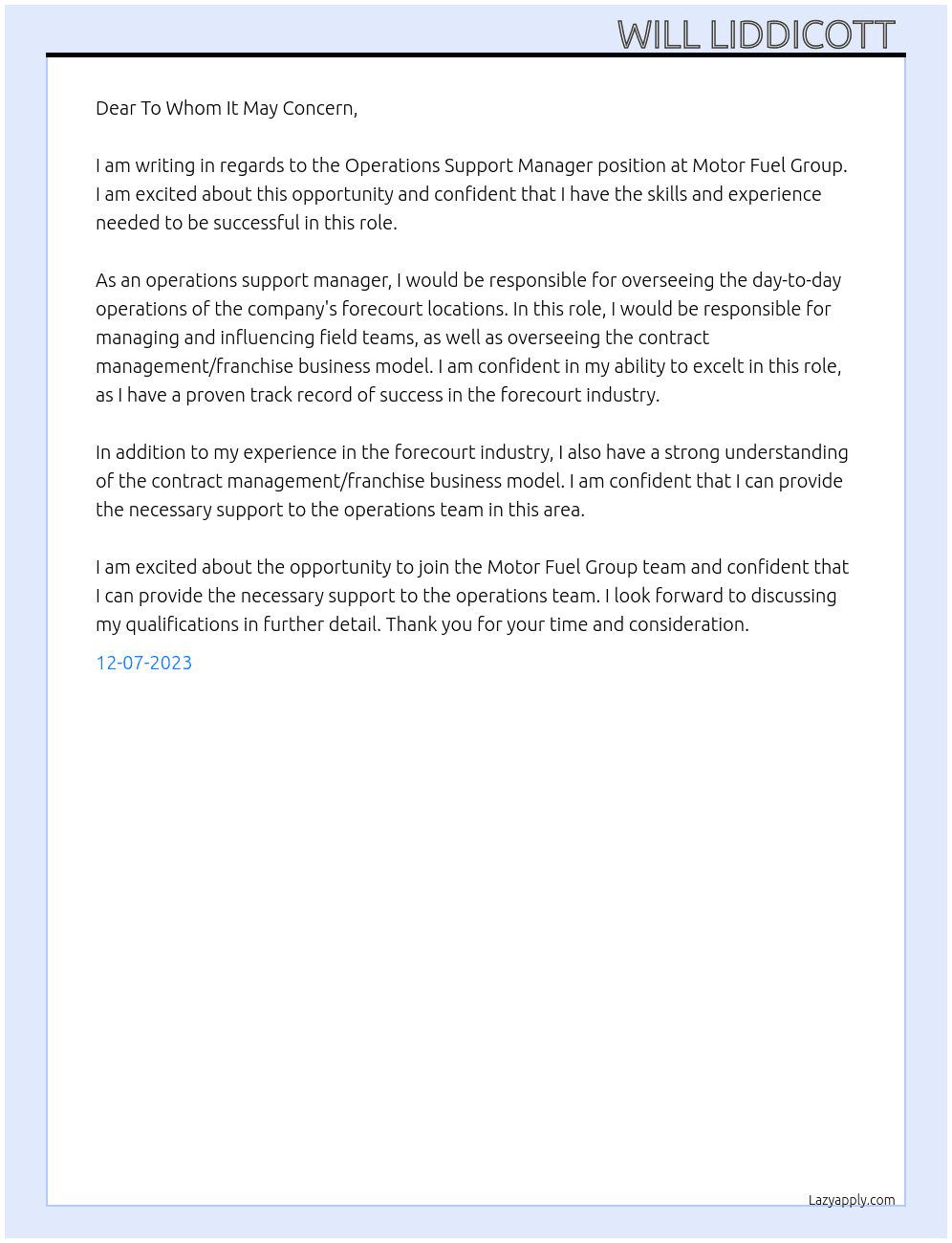 Operations Support Manager At Motor Fuel Group Cover Letter
