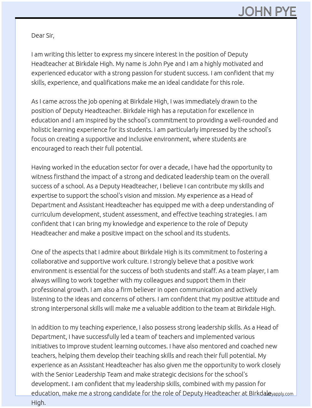 deputy headteacher At Birkdale High Cover Letter