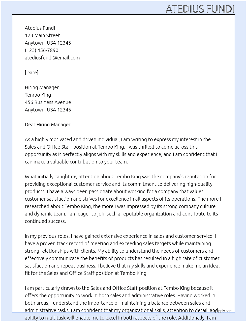 Sales and office staff At Tembo king Cover Letter