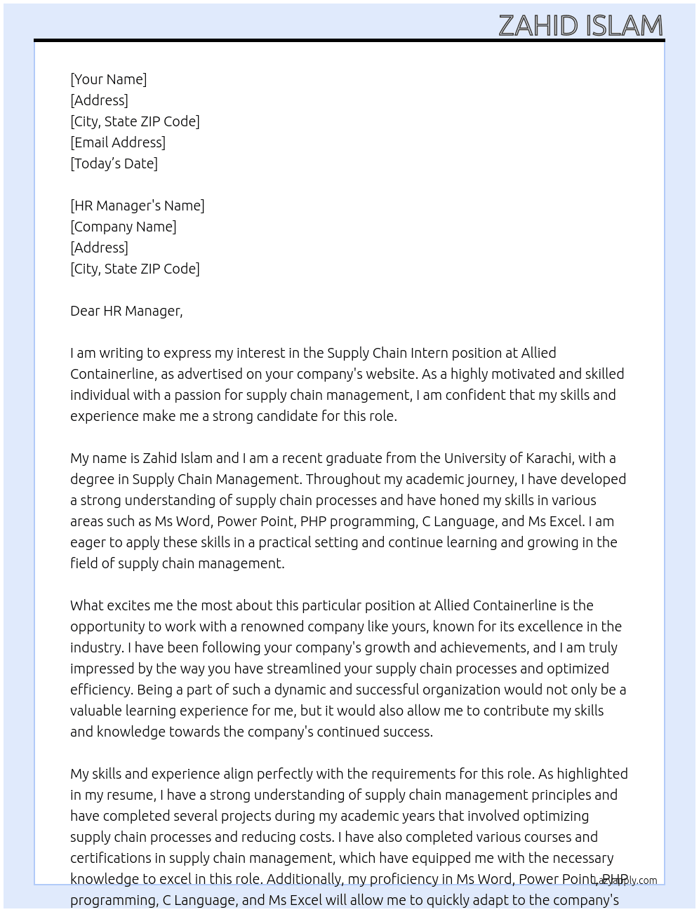 Supply chain intern  At allied containerline Cover Letter