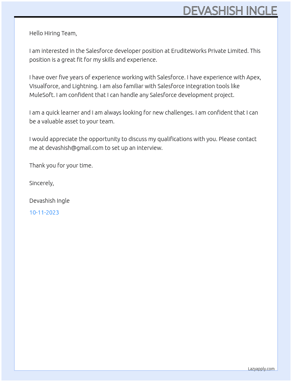 Salesforce developer At EruditeWorks Private Limited Cover Letter