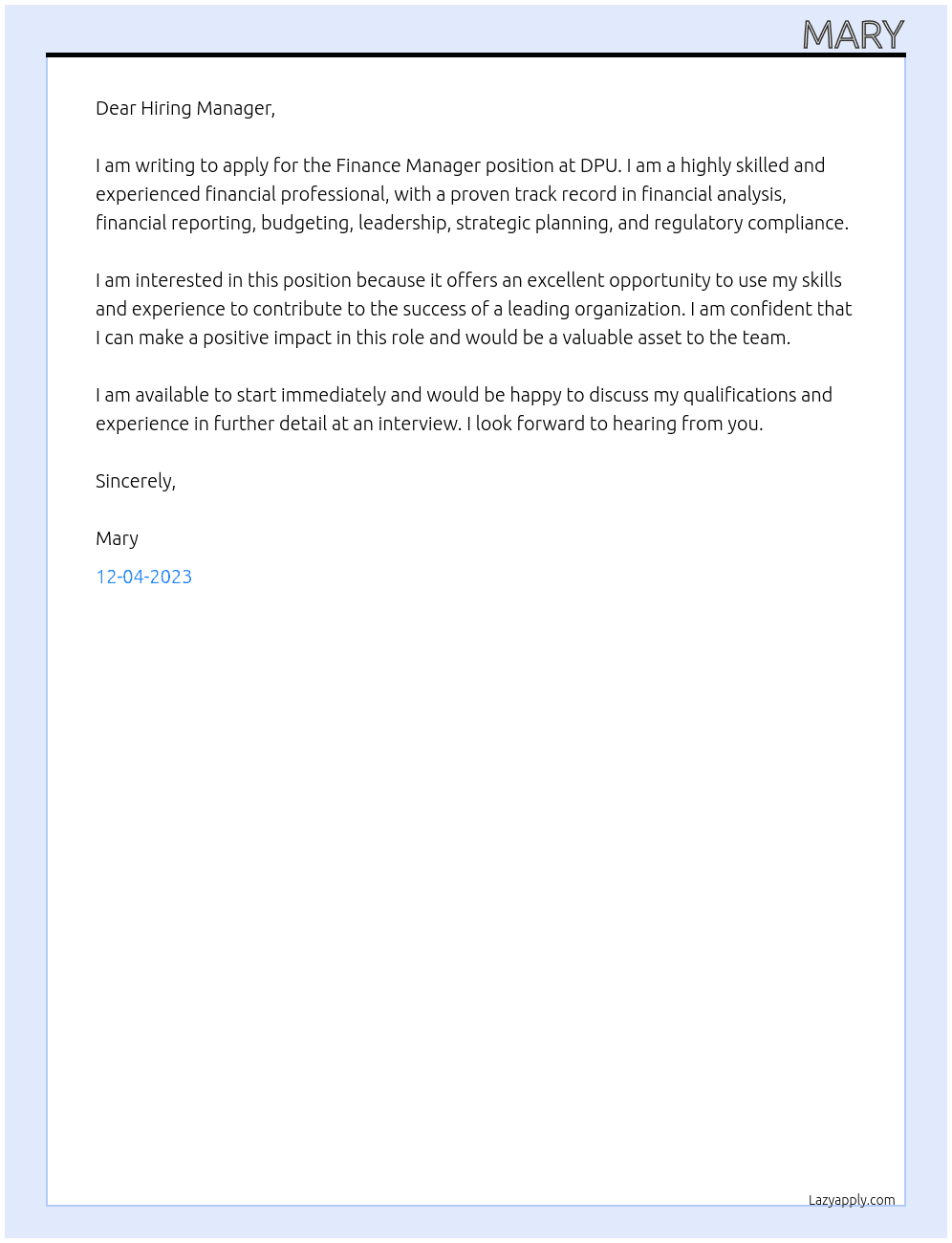 Finance Manager At DPU Cover Letter