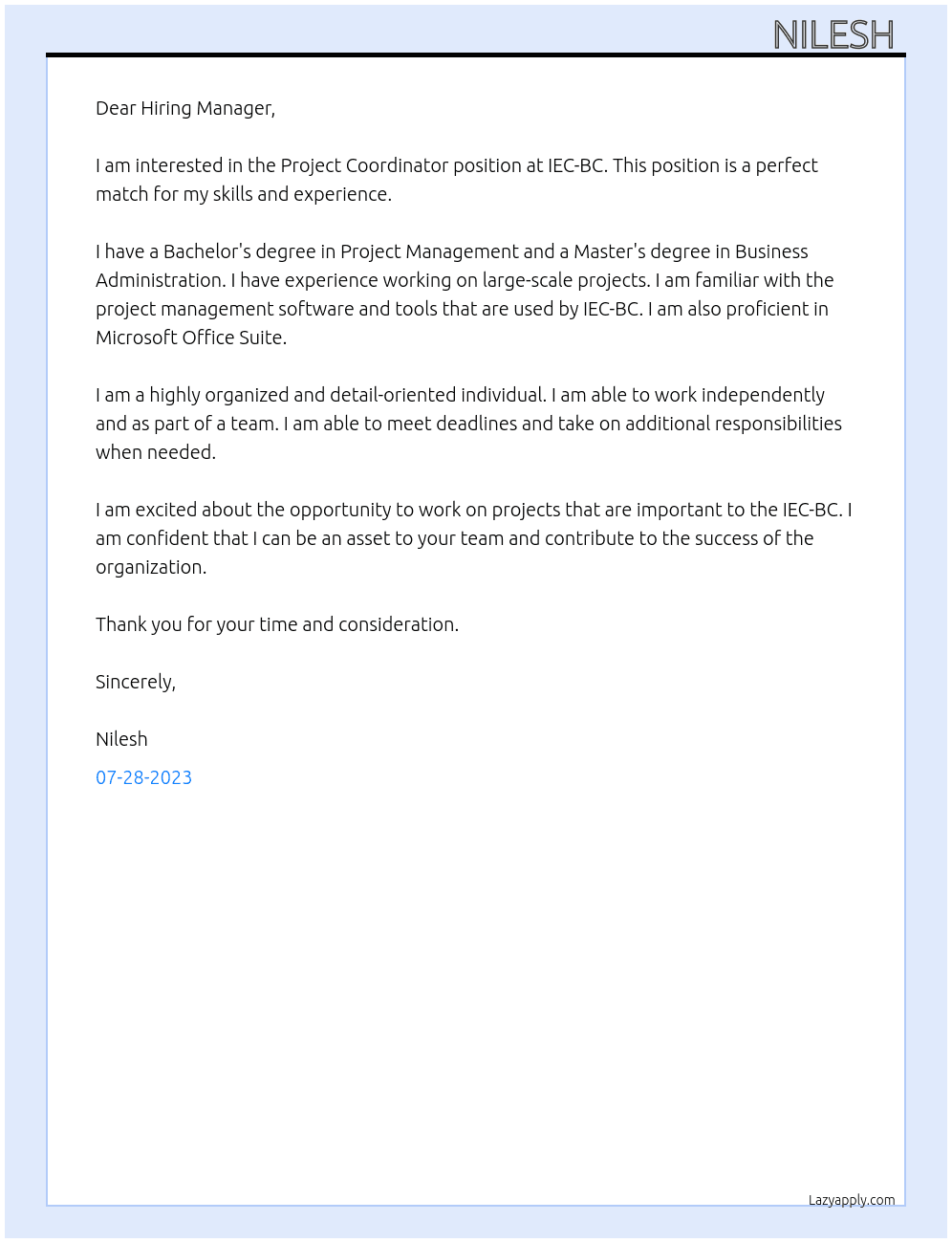 Project Coordinator At IEC-BC Cover Letter