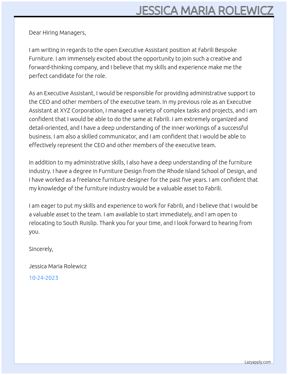 Executive Assistant  At Fabrili Bespoke Furniture Cover Letter