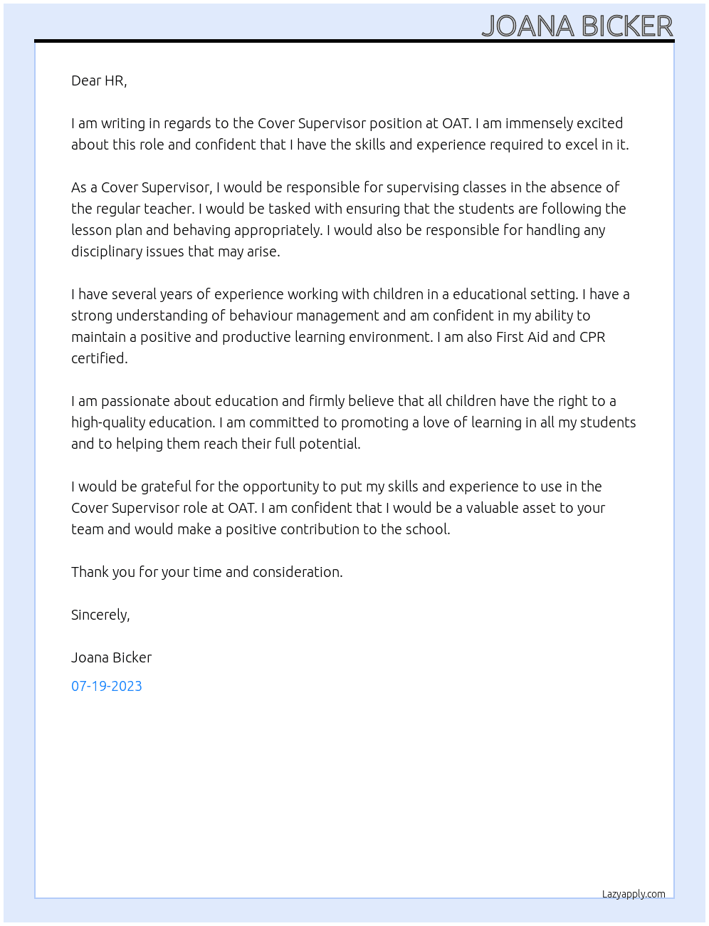Cover Supervisor At OAT Cover Letter