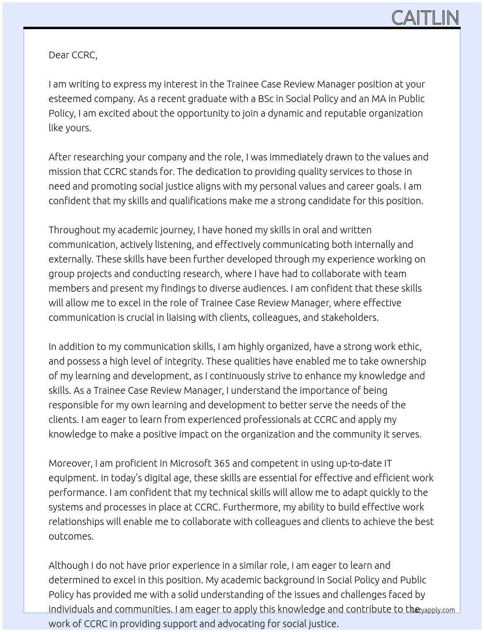 Trainee Case Review Manager At ccrc Cover Letter