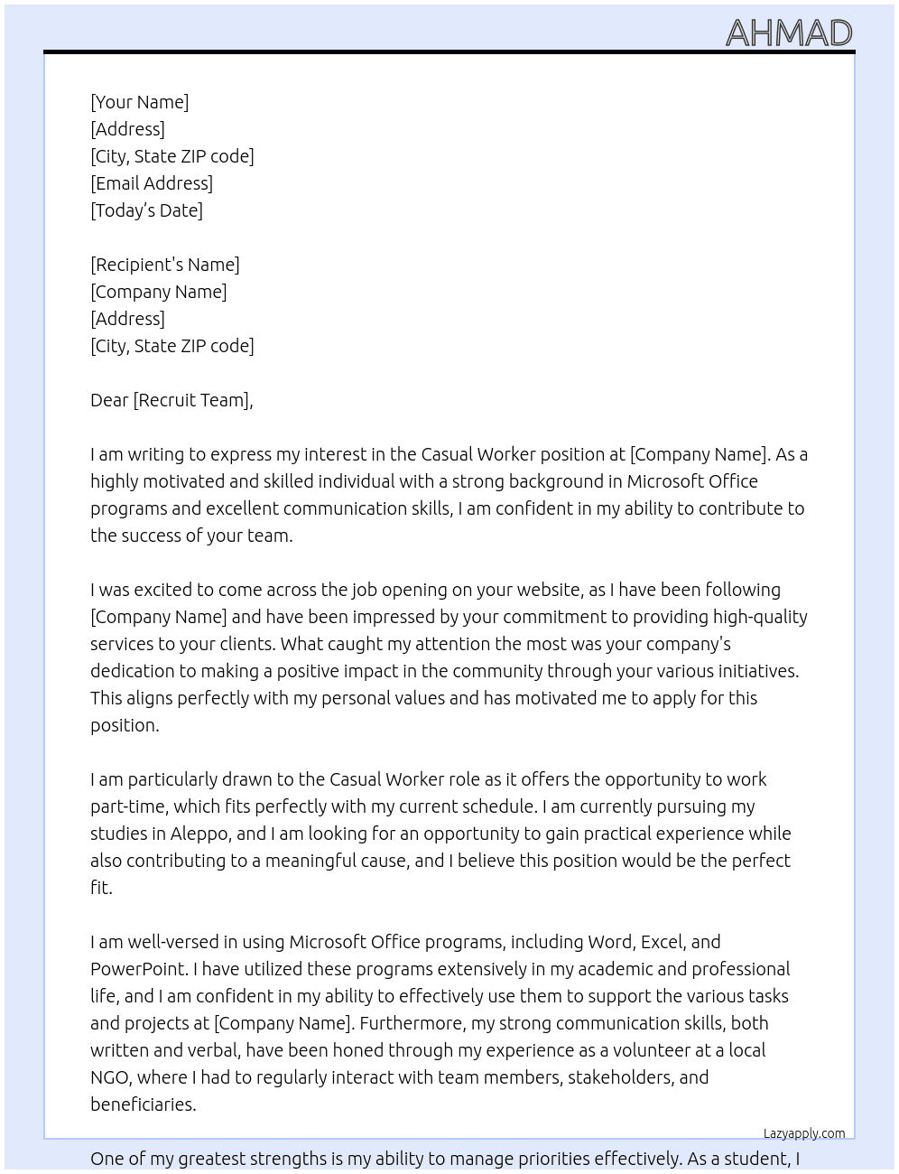 Casual worker At DRC Cover Letter