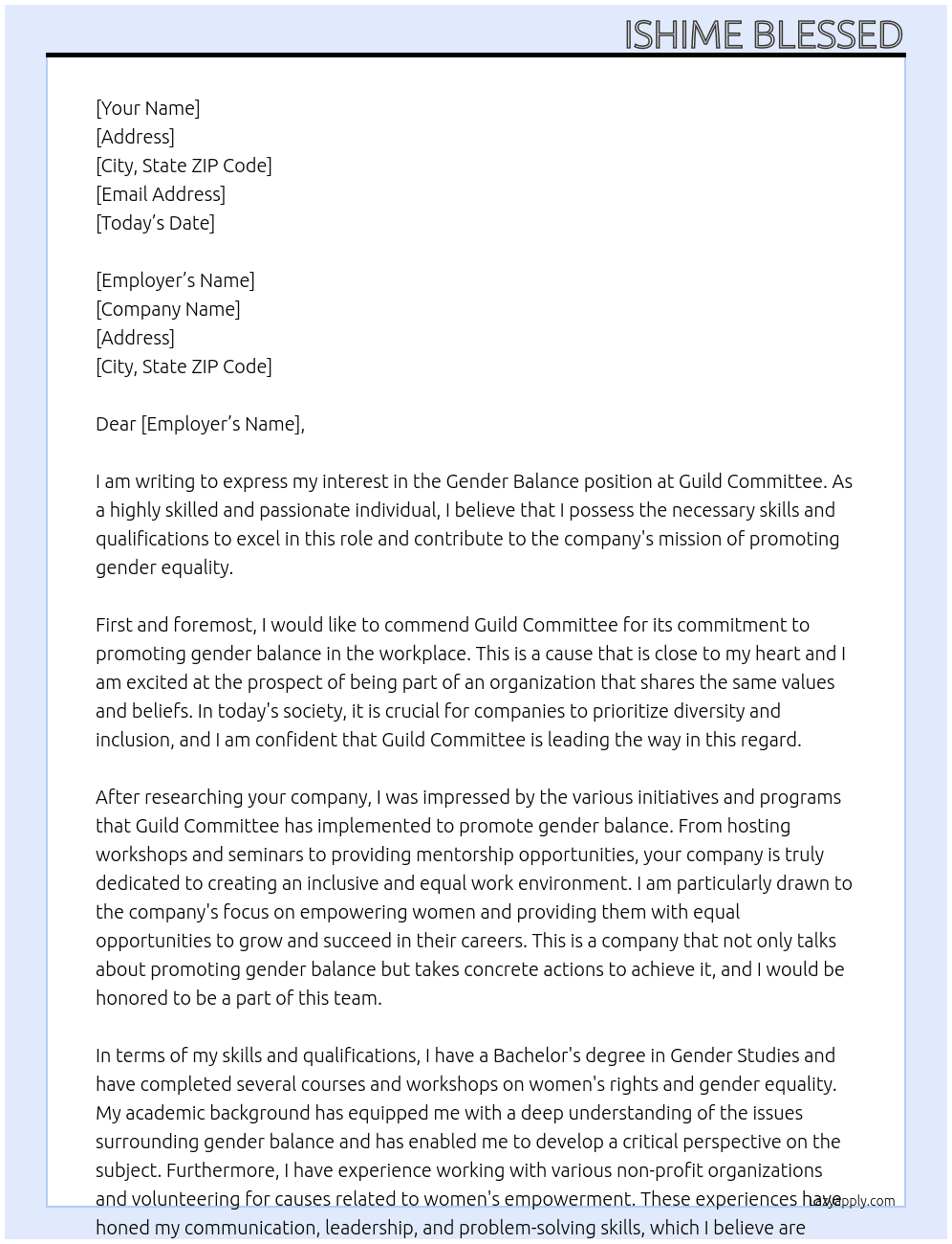 gender balance At guild commitee Cover Letter